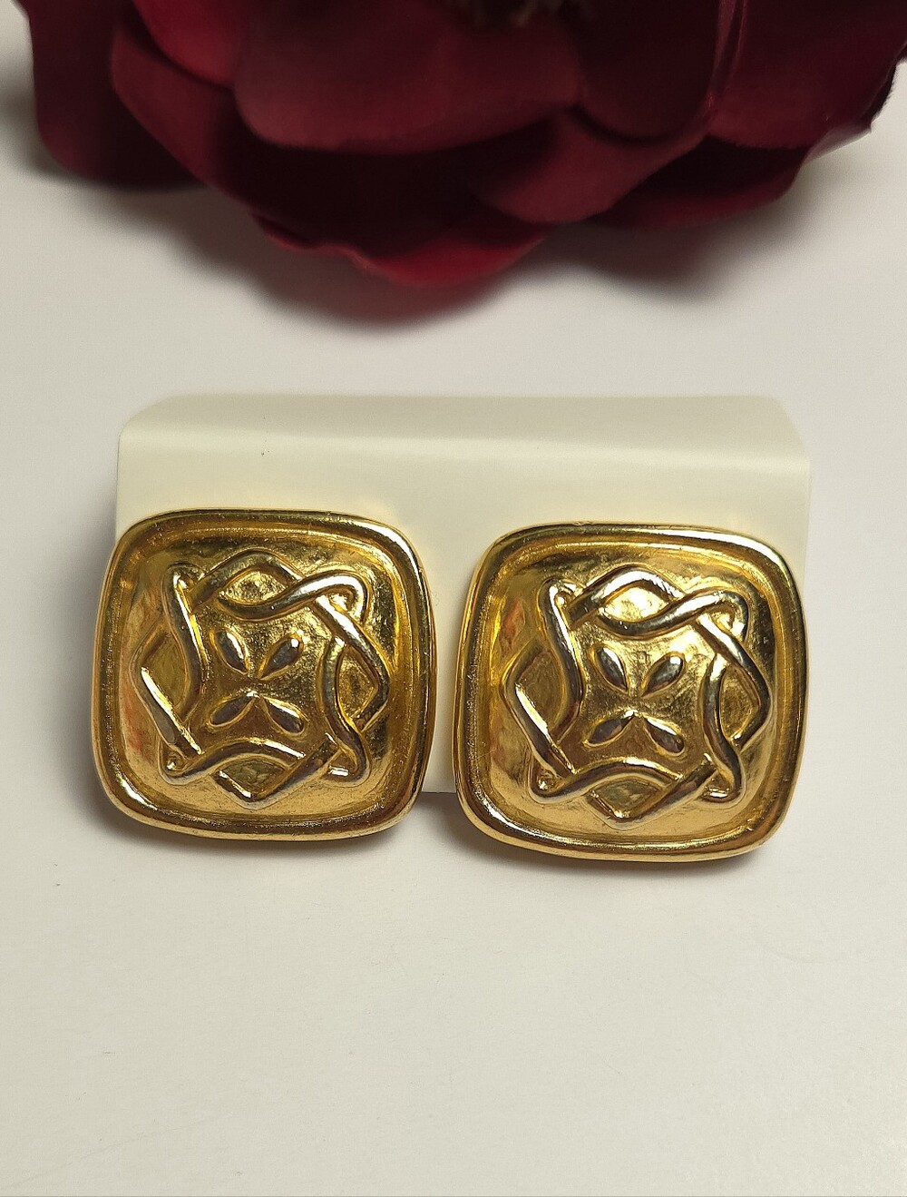 Vintage Brushed Gold Textured Geometric Modernist Design Earrings Clip On Heavy